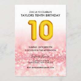 Invitación Purpurina Rosa de Globo de Oro 10 cumpleaños
