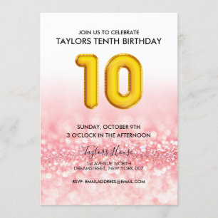 Invitación Purpurina Rosa de Globo de Oro 10 cumpleaños
