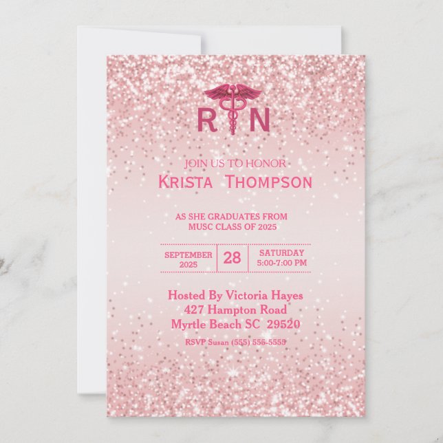 Invitación Purpurina Rosa de Graduación de Enfermeras con Reg (Anverso)