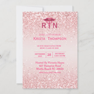 Invitación Purpurina Rosa de Graduación de Enfermeras con Reg