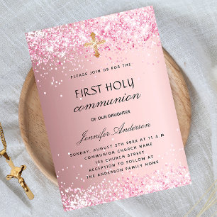 Invitación Purpurina rosa de la primera comunión