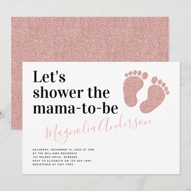 Invitación Purpurina rosa de los pies de bebé Baby Shower (Anverso / Reverso)