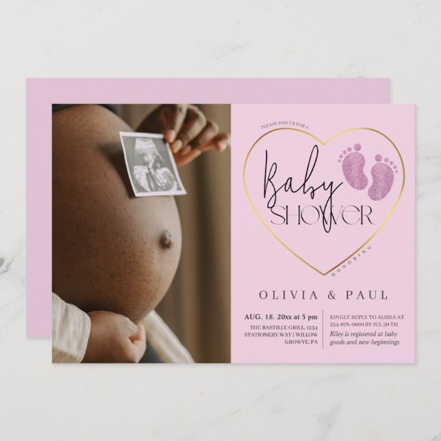 Invitación Purpurina rosa de los pies modernos  niña ducha (Anverso / Reverso)