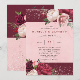 Invitación Purpurina rosa de lujo de Borgoña Rubor Peony Boda
