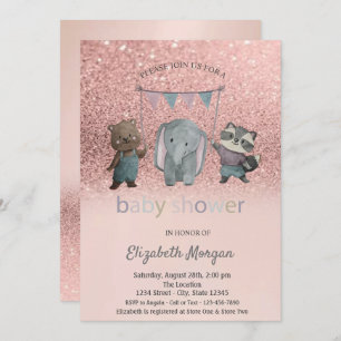 Invitación Purpurina Rosa de oro Bokeh, Baby Shower de animal