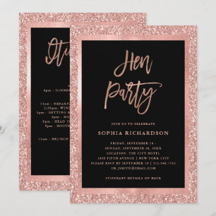 Invitación Purpurina Rosa de oro falso  Fiesta Hen con Itiner