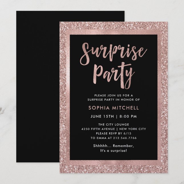 Invitación Purpurina Rosa de oro falso| Fiesta sorpresa (Anverso / Reverso)