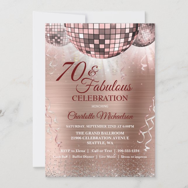Invitación Purpurina Rosa de Oro Glam 70th Birthday Disco Bal (Anverso)