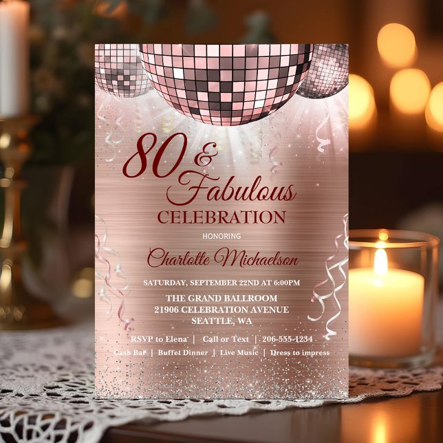 Invitación Purpurina Rosa de Oro Glam 80th Birthday Disco Bal (Rose Gold Glitter Glam 80th Birthday Disco Ball Invitation)