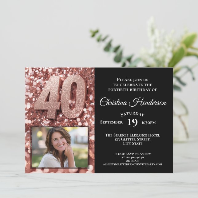 Invitación Purpurina Rosa de Oro Glam Foto 40 Fiesta de cumpl (Anverso de pie)