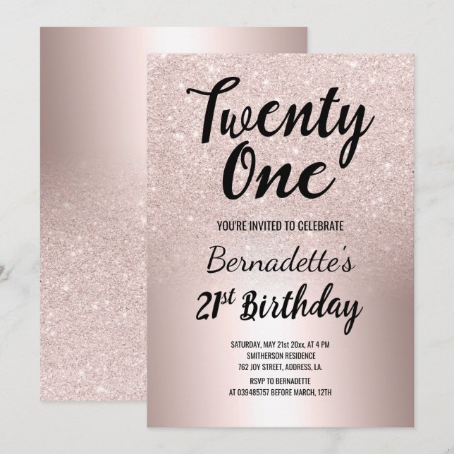 Invitación purpurina Rosa de oro sombrío metálico 21 cumpleañ (Anverso / Reverso)