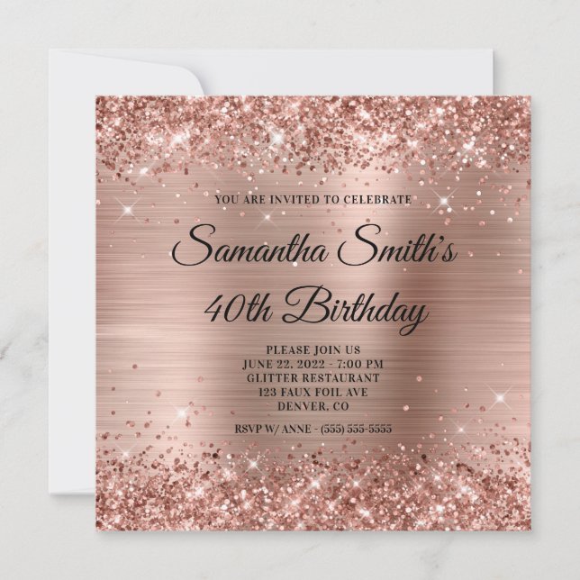 Invitación Purpurina Rosa de Oro y Relieve metalizado Glam 40 (Anverso)