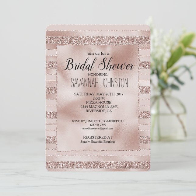 Invitación Purpurina rosa de Rubor Glam Stripes Bridal Shower (Anverso de pie)