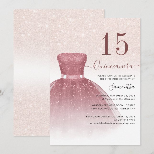 Invitación Purpurina Rosa del partido de cumpleaños 15 de Qun (Anverso / Reverso)