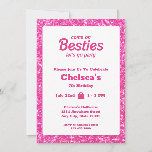 Invitación Purpurina Rosa Doll Temático Cumpleaños (Anverso)