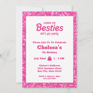 Invitación Purpurina Rosa Doll Temático Cumpleaños