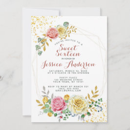 Invitación Purpurina Rosa Dorado Dulce Floral Dieciséis