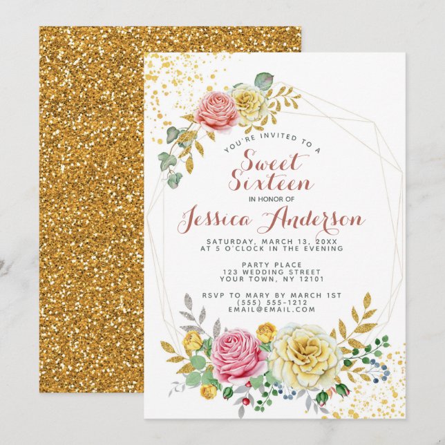 Invitación Purpurina Rosa Dorado Dulce Floral Dieciséis (Anverso / Reverso)