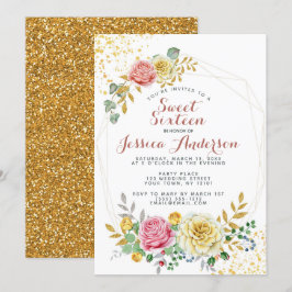 Invitación Purpurina Rosa Dorado Dulce Floral Dieciséis