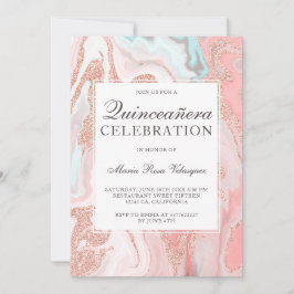 Invitación purpurina Rosa dorado mármol rosa Quinceanera
