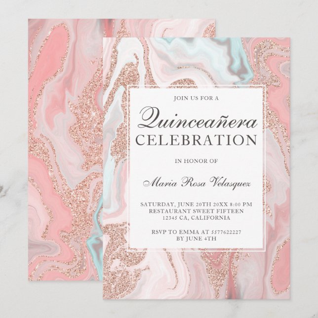 Invitación purpurina Rosa dorado mármol rosa Quinceanera (Anverso / Reverso)