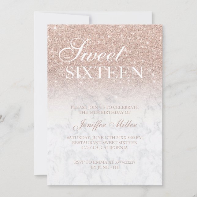 Invitación Purpurina rosa dorado rosa mármol blanco Personali (Anverso)