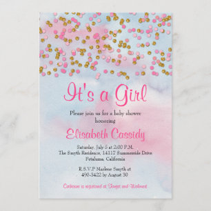 Invitación Purpurina rosa dorado y azul salpicado Baby Shower