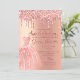 Invitación Purpurina Rosa Drip Dulce Dieciséis Cumpleaños