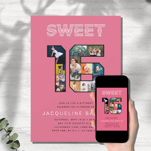 Invitación Purpurina rosa dulce 16 foto de cumpleaños