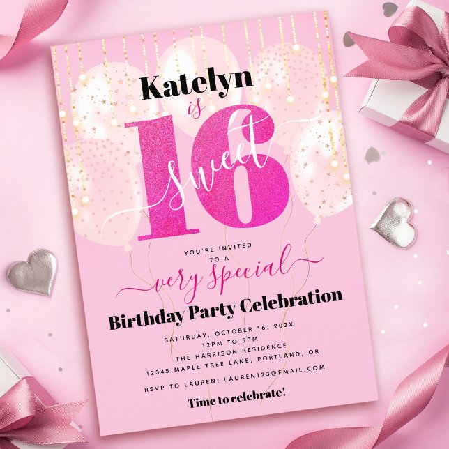 Invitación Purpurina rosa dulce 16 globos de cumpleaños moder (Subido por el creador)