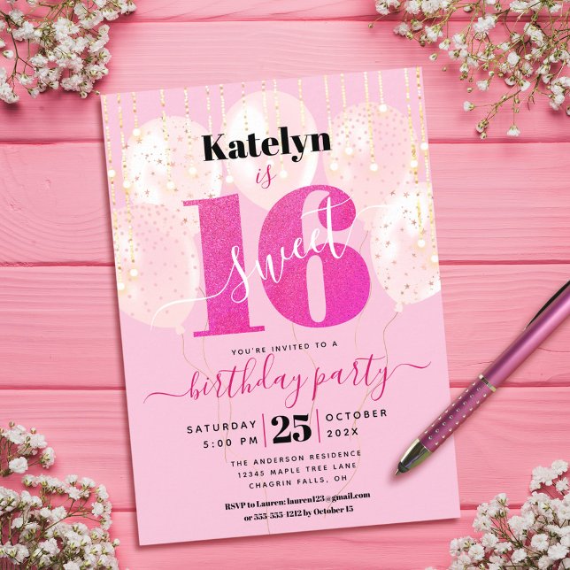 Invitación Purpurina Rosa Dulce 16 Moda de cumpleaños Globos  (Subido por el creador)
