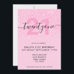 Invitación Purpurina rosa elegante moderno cumpleaños 21<br><div class="desc">Invitación de cumpleaños 21ª,  de color rosa femenino moderno y femenino. Minimalista diseño de plantillas de invitación para 21 años con elegante caligrafía con letras a mano y diseño de purpurina rosa.</div>