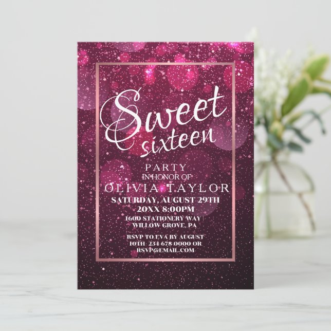 Invitación Purpurina Rosa Faux Elegant Sweet 16 (Anverso de pie)