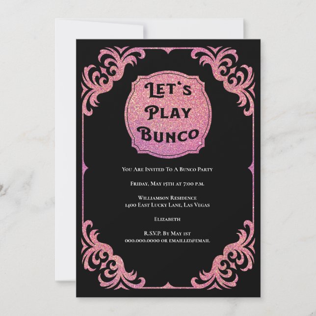 Invitación Purpurina Rosa Fiesta Bunco Glam (Anverso)