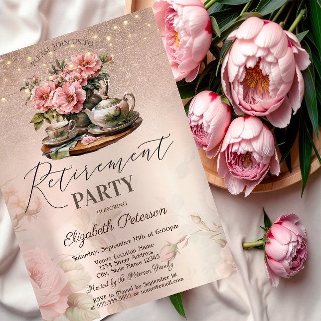 Invitación Purpurina Rosa  Fiesta de Jubilación de Oro en Tea (Subido por el creador)