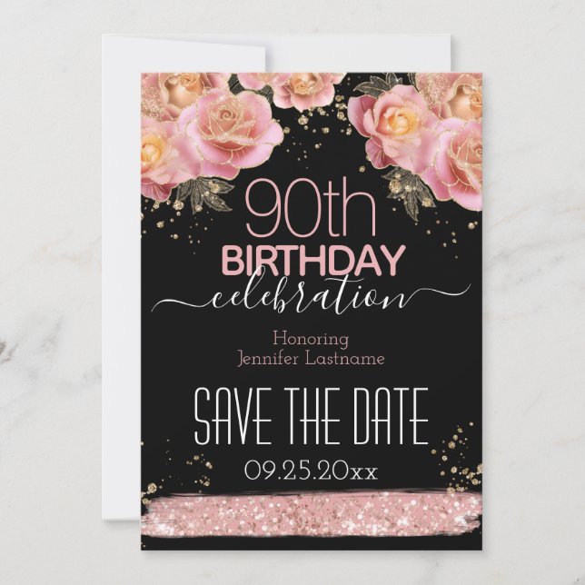 Invitación Purpurina rosa Floral 90 cumpleaños Guardar la fec (Anverso)