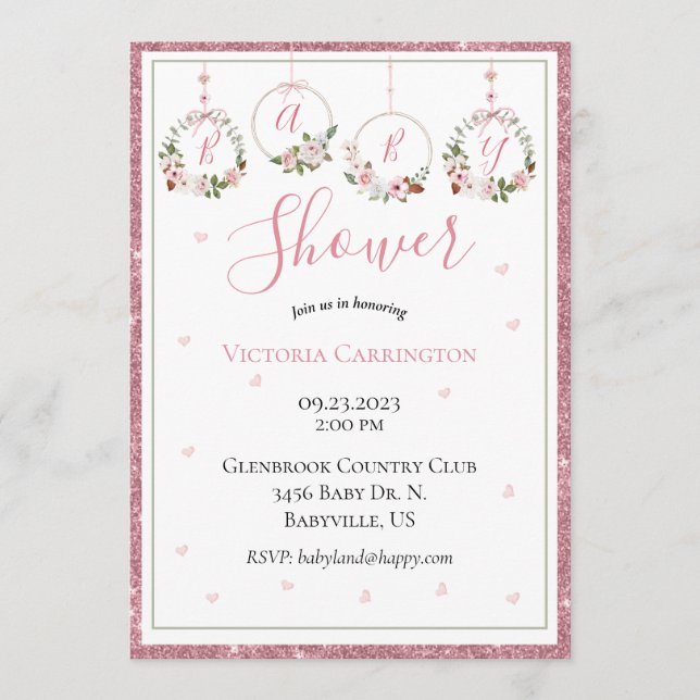 Invitación Purpurina rosa Floral acuarela Corazones Baby Show (Anverso)