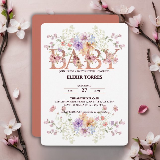Invitación Purpurina rosa floral bebé Monograma Baby Shower (Subido por el creador)