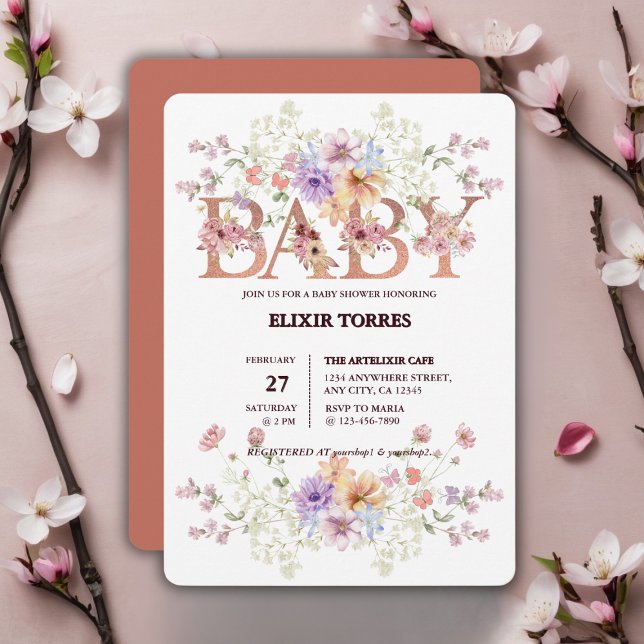 Invitación Purpurina rosa floral bebé Monograma Baby Shower (Subido por el creador)