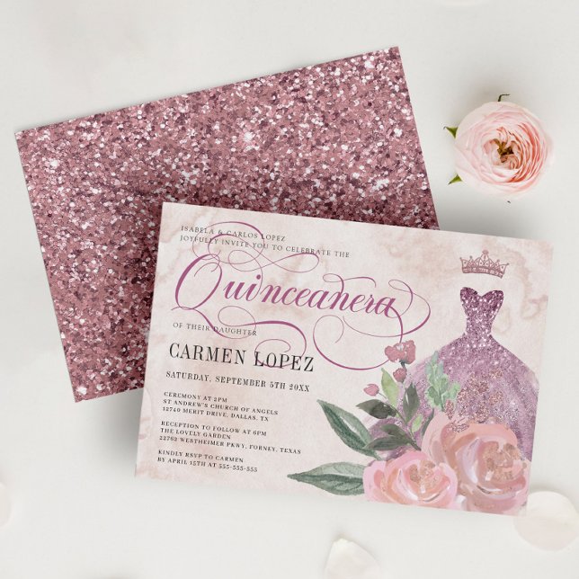 Invitación Purpurina rosa floral Rubor Princesa Quinceanera (Subido por el creador)