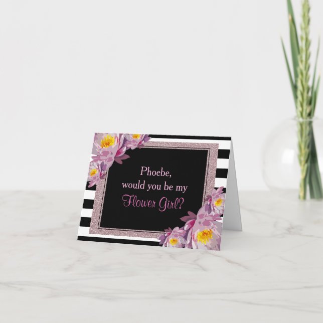 Invitación Purpurina Rosa Floral será mi chica floral (Anverso)