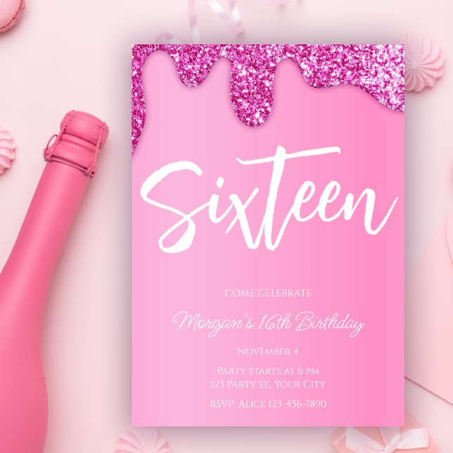 Invitación Purpurina Rosa Girly dulce fiesta de cumpleaños 16 (Subido por el creador)