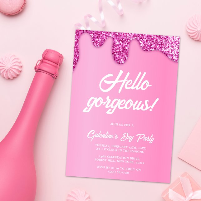 Invitación Purpurina Rosa Girly Fiesta del Día de Galentine (Subido por el creador)