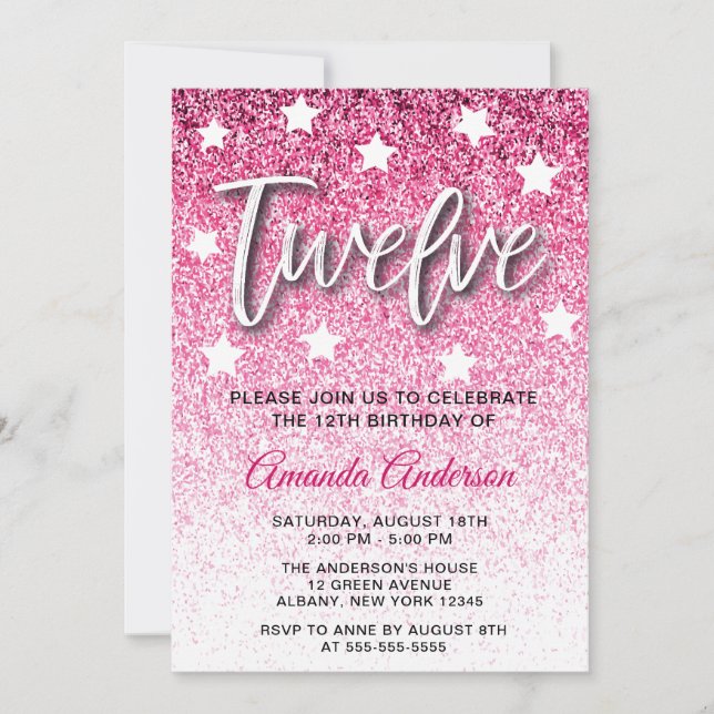 Invitación Purpurina Rosa Girly Textura 12ª fiesta de cumplea (Anverso)