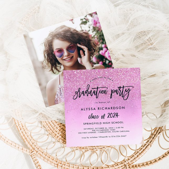 Invitación Purpurina rosa Glam Fiesta Grad 2024 | Foto (Subido por el creador)