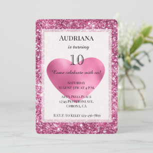 Invitación Purpurina rosa Glam Heart Birthday