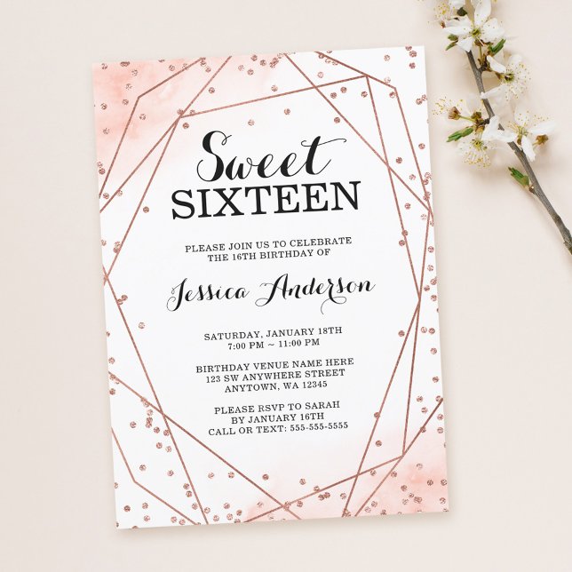 Invitación Purpurina Rosa Gold Faux Geometric Sweet 16 Cumple (Subido por el creador)