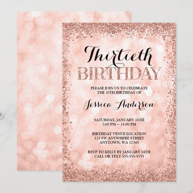 Invitación Purpurina Rosa Gold Faux Luces 30 cumpleaños (Anverso / Reverso)