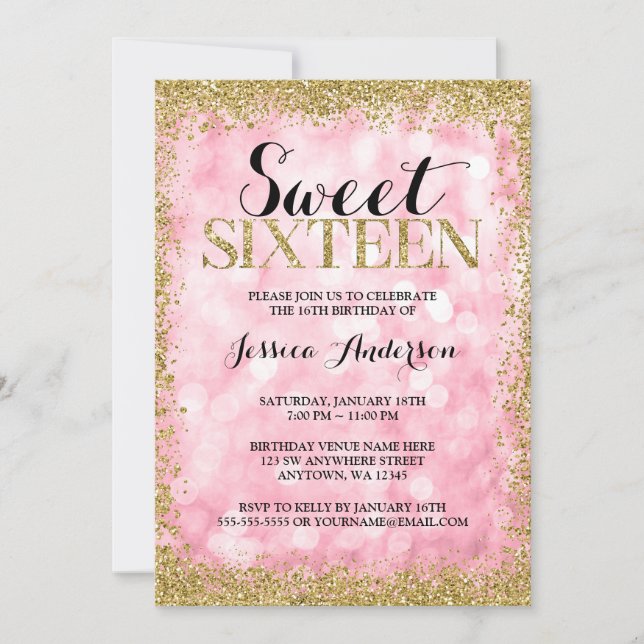 Invitación Purpurina Rosa Gold Faux Luces Dulce 16 Cumpleaños (Anverso)
