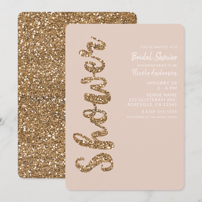Invitación Purpurina Rosa Gold Rubor Glam Bridal Shower (Anverso / Reverso)